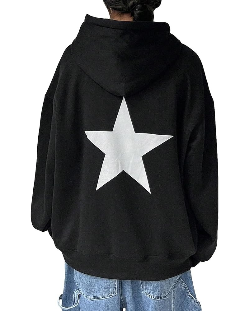 Women's Star Letter Print Graphic Oversized Hoodies Drawstring Long Sleeve Pocket Pullover Sweatshirt Black Letter $23.84 Hoo...