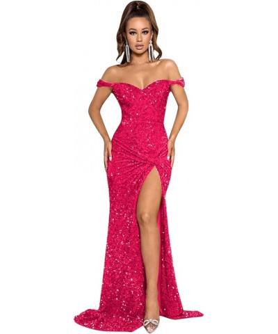 Women's Off The Shoulder Mermaid Prom Dresses 2024 Sequin Long Evening Formal Party Gowns with Slit Hot Pink $34.10 Dresses