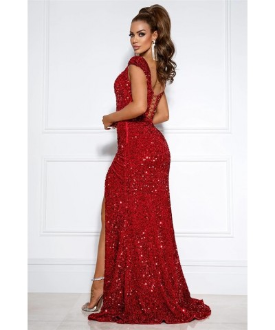 Women's Off The Shoulder Mermaid Prom Dresses 2024 Sequin Long Evening Formal Party Gowns with Slit Hot Pink $34.10 Dresses