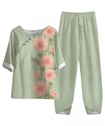 Two Piece Outfits for Women 2023 Women's Casual Linen Button Shirt High Waist Loose Curvy Straight Leg Pant A-12-green $13.14...