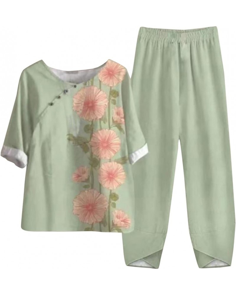 Two Piece Outfits for Women 2023 Women's Casual Linen Button Shirt High Waist Loose Curvy Straight Leg Pant A-12-green $13.14...
