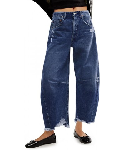 Women's Baggy Wide Leg Jeans Barrel Horseshoe Boyfriend Cropped Raw Hem Denim Pants Navy $24.44 Jeans