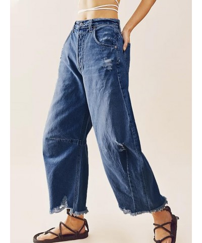 Women's Baggy Wide Leg Jeans Barrel Horseshoe Boyfriend Cropped Raw Hem Denim Pants Navy $24.44 Jeans