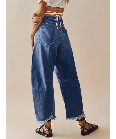 Women's Baggy Wide Leg Jeans Barrel Horseshoe Boyfriend Cropped Raw Hem Denim Pants Navy $24.44 Jeans