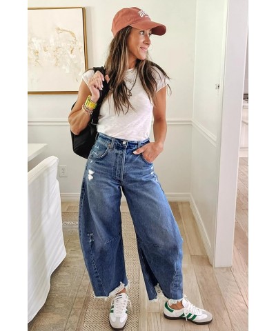 Women's Baggy Wide Leg Jeans Barrel Horseshoe Boyfriend Cropped Raw Hem Denim Pants Navy $24.44 Jeans