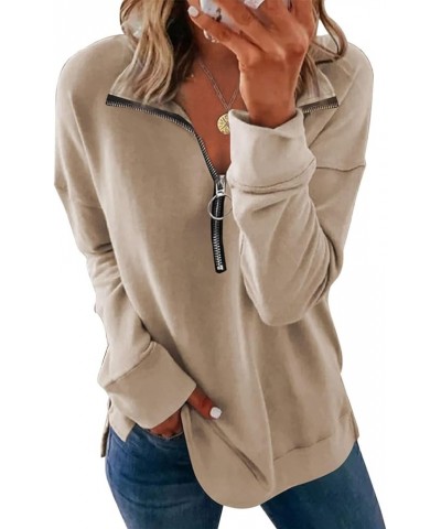 Women Solid Basic Pullover Tops Fall Fashion Quarter Zip Sweatshirts Loose Long Sleeve Pullovers Comfy Daily Tops 1-beige $9....