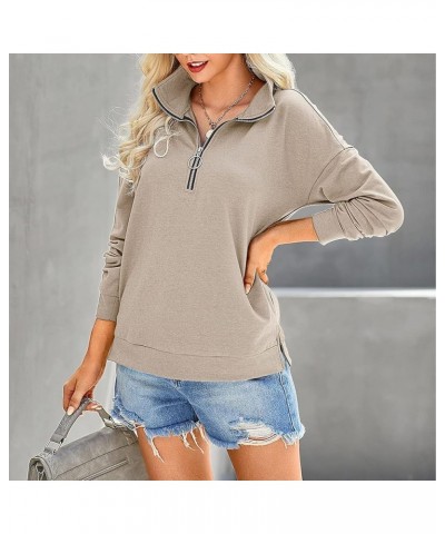 Women Solid Basic Pullover Tops Fall Fashion Quarter Zip Sweatshirts Loose Long Sleeve Pullovers Comfy Daily Tops 1-beige $9....