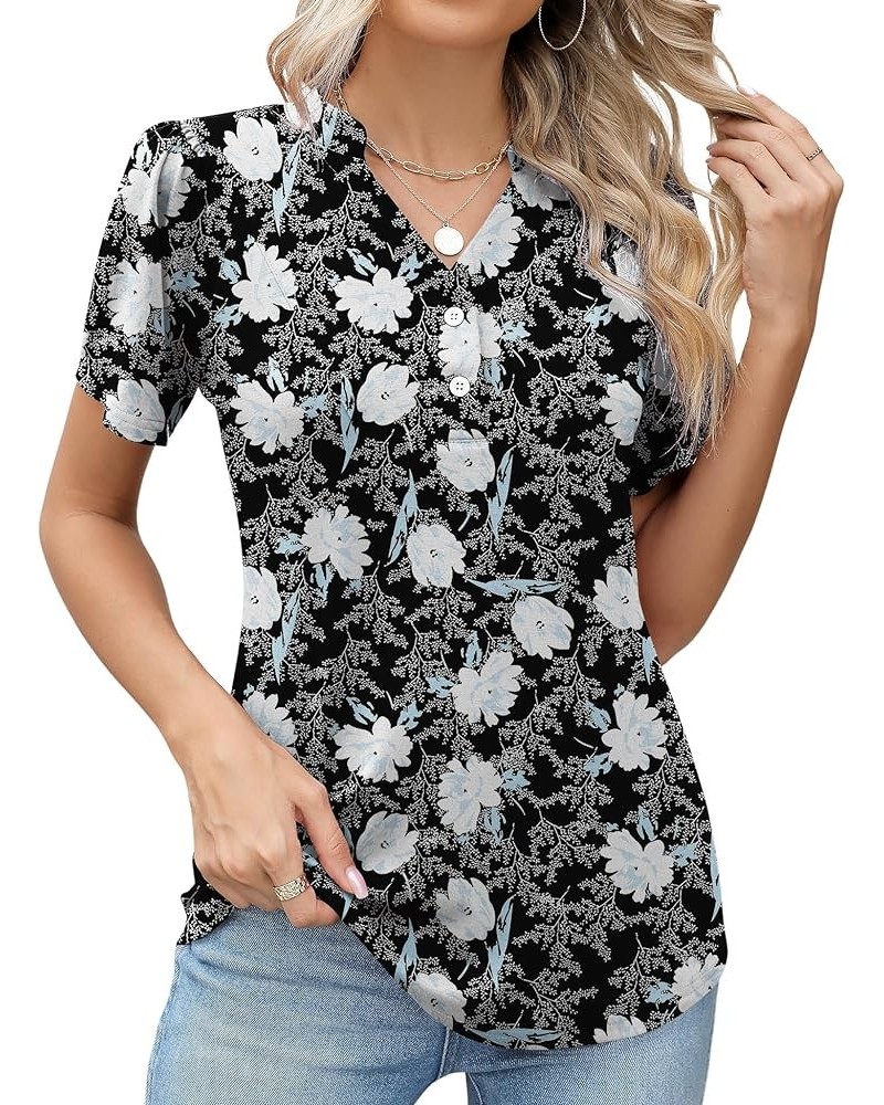 Womens Button Down Shirts Short Sleeve Henley Tops V Neck T Shirts Tunic Tops to Wear with Leggings Black Blue Floral $14.74 ...