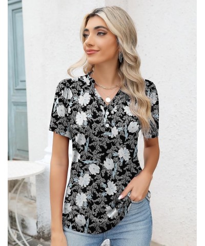 Womens Button Down Shirts Short Sleeve Henley Tops V Neck T Shirts Tunic Tops to Wear with Leggings Black Blue Floral $14.74 ...