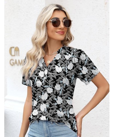 Womens Button Down Shirts Short Sleeve Henley Tops V Neck T Shirts Tunic Tops to Wear with Leggings Black Blue Floral $14.74 ...