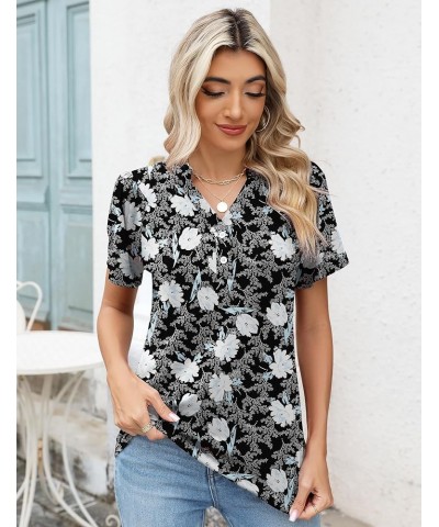 Womens Button Down Shirts Short Sleeve Henley Tops V Neck T Shirts Tunic Tops to Wear with Leggings Black Blue Floral $14.74 ...