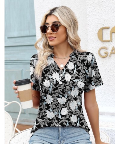 Womens Button Down Shirts Short Sleeve Henley Tops V Neck T Shirts Tunic Tops to Wear with Leggings Black Blue Floral $14.74 ...