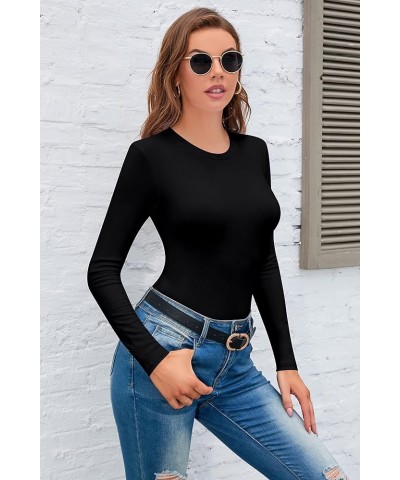 Women’s Sleeveless Long Sleeve Crew Neck Ribbed Stretchy Slim Fit Tops Bodysuit Basic Jumpsuit Black $10.38 Bodysuits