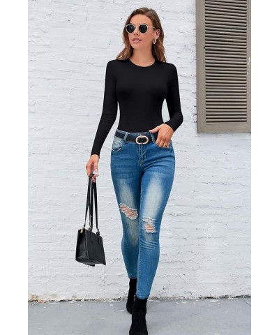 Women’s Sleeveless Long Sleeve Crew Neck Ribbed Stretchy Slim Fit Tops Bodysuit Basic Jumpsuit Black $10.38 Bodysuits