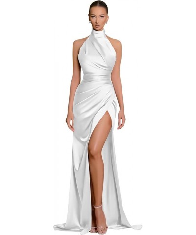 Halter Satin Bridesmaid Dresse for Women Long Mermaid Formal Party Evening Gown with Slit AG018 White $32.89 Dresses