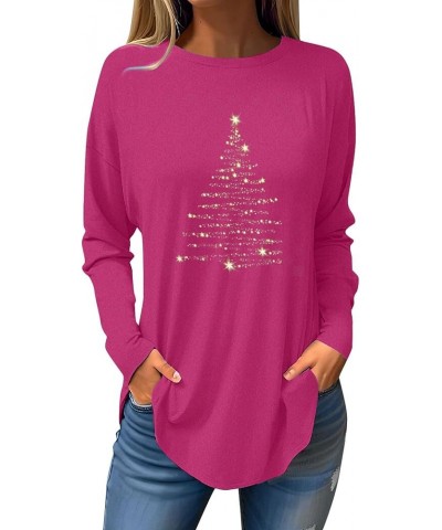 Womens Tops 2023 Trendy Long Sleeve Round Neck Christmas Print Graphic Tees Blouses & Button-Down Shirts 5-hot Pink $4.54 T-S...