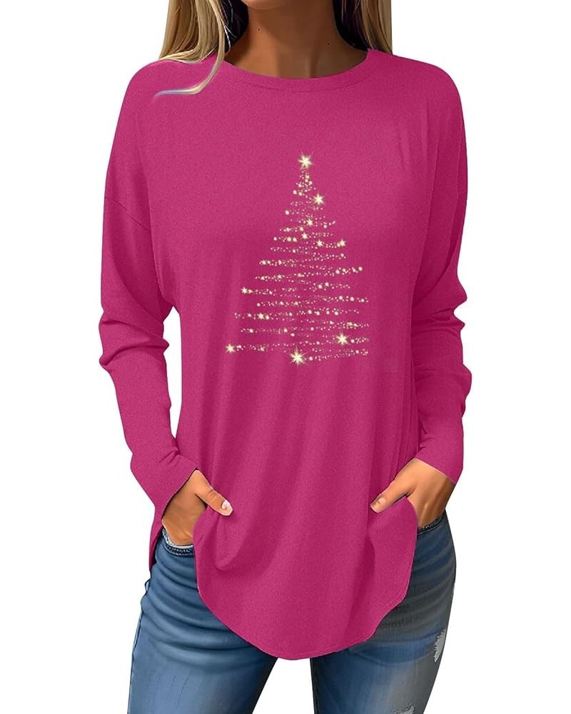 Womens Tops 2023 Trendy Long Sleeve Round Neck Christmas Print Graphic Tees Blouses & Button-Down Shirts 5-hot Pink $4.54 T-S...