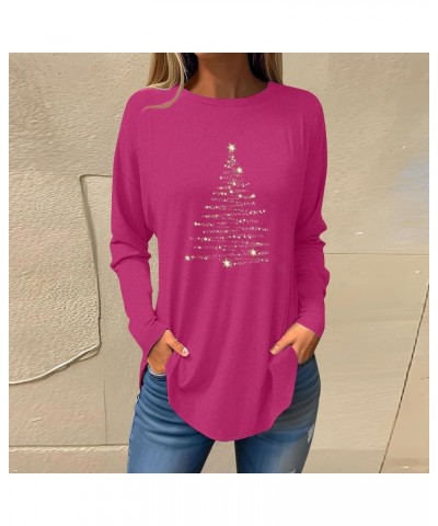 Womens Tops 2023 Trendy Long Sleeve Round Neck Christmas Print Graphic Tees Blouses & Button-Down Shirts 5-hot Pink $4.54 T-S...