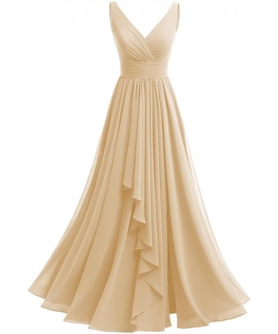 Women‘s V-Neck Bridesmaid Dresses with Slit Long Pleated Chiffon A-Line Formal Party Dresses with Pockets YO002 Champagne $21...
