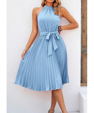 Women's 2024 Summer Sleeveless Halter Neck Pleated Midi Cocktail Dresses A Line Flowy Beach Sun Dress with Belt Light Blue $3...