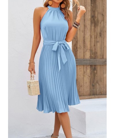 Women's 2024 Summer Sleeveless Halter Neck Pleated Midi Cocktail Dresses A Line Flowy Beach Sun Dress with Belt Light Blue $3...