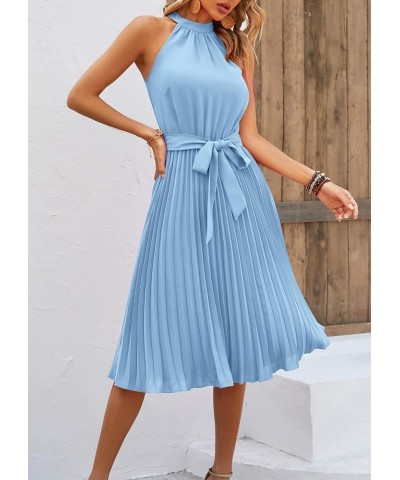 Women's 2024 Summer Sleeveless Halter Neck Pleated Midi Cocktail Dresses A Line Flowy Beach Sun Dress with Belt Light Blue $3...