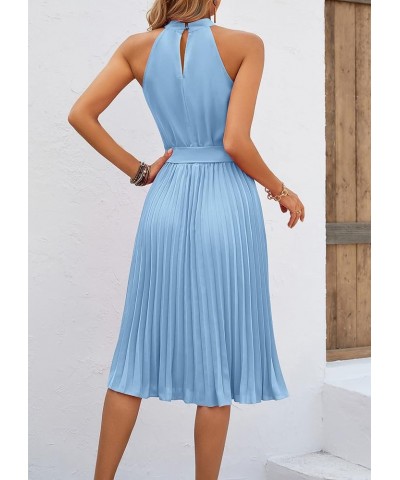 Women's 2024 Summer Sleeveless Halter Neck Pleated Midi Cocktail Dresses A Line Flowy Beach Sun Dress with Belt Light Blue $3...