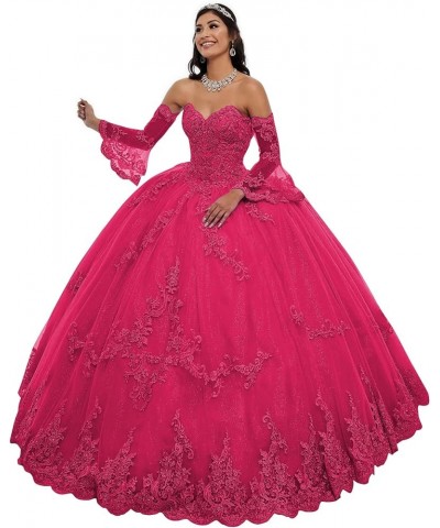 Long Sleeve Quinceanera Dresses Puffy Tulle Ball Gown Prom Dress Sweet 15 16 Dresses Hot Pink $63.00 Dresses