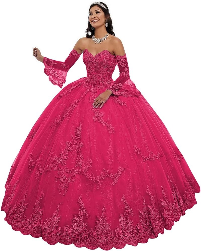 Long Sleeve Quinceanera Dresses Puffy Tulle Ball Gown Prom Dress Sweet 15 16 Dresses Hot Pink $63.00 Dresses