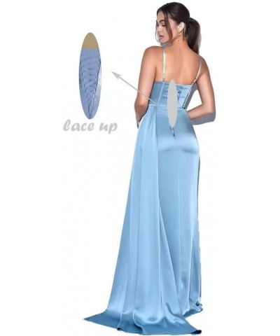 Spaghetti Straps Mermaid Prom Dresses Long Ball Gown Pleated Bridesmaid Dress Satin Formal Party Gown with Slit Wisteria $27....