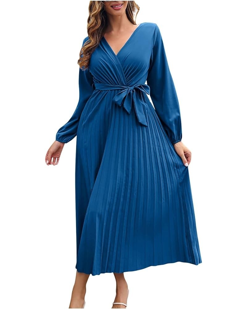 Women's Summer Dress Temperament V-Neck Large Swing Pleated Long Sleeve Dress Casual Cocktail Dresses Pastel $11.19 Dresses