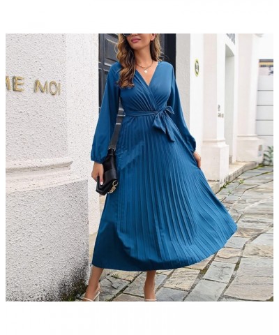 Women's Summer Dress Temperament V-Neck Large Swing Pleated Long Sleeve Dress Casual Cocktail Dresses Pastel $11.19 Dresses