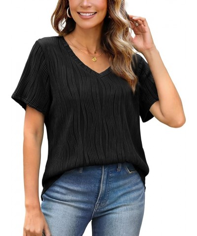 Womens V Neck Short Sleeve T Shirts Summer Knit Textured Tops Loose Fit Basic Tee Blouse B02-black $10.39 Tops