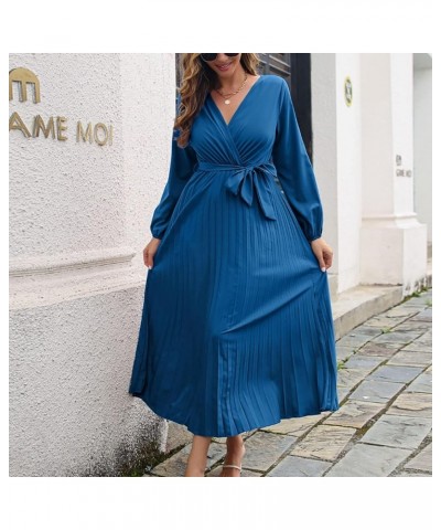 Women's Summer Dress Temperament V-Neck Large Swing Pleated Long Sleeve Dress Casual Cocktail Dresses Pastel $11.19 Dresses