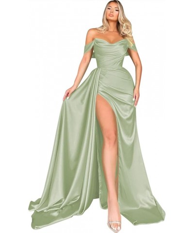 Off Shoulder Mermaid Prom Dresses for Women Long with Slit Pleated Satin Formal Ball Gown Evening Dress Sage Green $37.72 Dre...