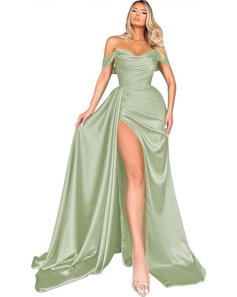 Off Shoulder Mermaid Prom Dresses for Women Long with Slit Pleated Satin Formal Ball Gown Evening Dress Sage Green $37.72 Dre...