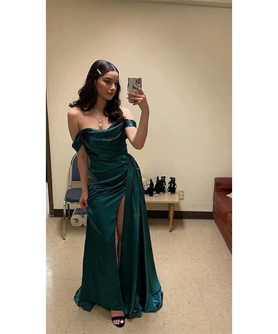 Off Shoulder Mermaid Prom Dresses for Women Long with Slit Pleated Satin Formal Ball Gown Evening Dress Sage Green $37.72 Dre...