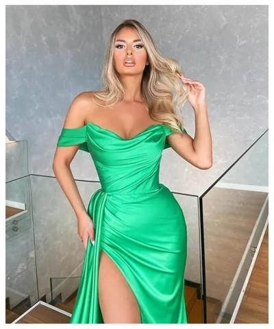 Off Shoulder Mermaid Prom Dresses for Women Long with Slit Pleated Satin Formal Ball Gown Evening Dress Sage Green $37.72 Dre...