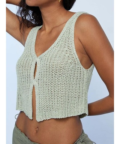 Women Crochet Knit Vest Solid Button Down V Neck Sleeveless Crop Tops Vintage Casual Y2k Streetwear C-green $11.59 Vests