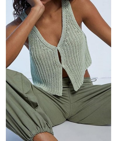 Women Crochet Knit Vest Solid Button Down V Neck Sleeveless Crop Tops Vintage Casual Y2k Streetwear C-green $11.59 Vests