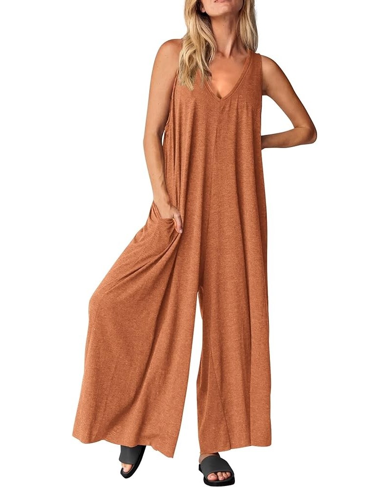 Jumpsuits for Women Casual Summer 2024 Sleeveless V Neck Baggy Wide Leg Romper One Piece Outfit Caramel $19.94 Jumpsuits