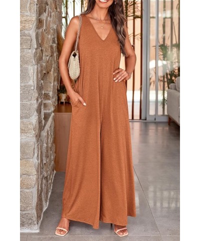 Jumpsuits for Women Casual Summer 2024 Sleeveless V Neck Baggy Wide Leg Romper One Piece Outfit Caramel $19.94 Jumpsuits