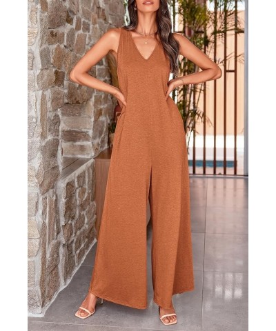 Jumpsuits for Women Casual Summer 2024 Sleeveless V Neck Baggy Wide Leg Romper One Piece Outfit Caramel $19.94 Jumpsuits