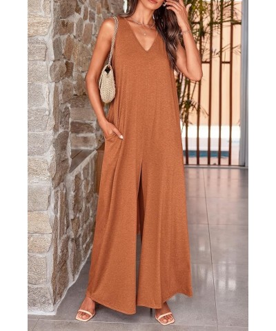 Jumpsuits for Women Casual Summer 2024 Sleeveless V Neck Baggy Wide Leg Romper One Piece Outfit Caramel $19.94 Jumpsuits