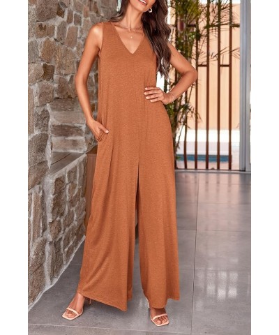 Jumpsuits for Women Casual Summer 2024 Sleeveless V Neck Baggy Wide Leg Romper One Piece Outfit Caramel $19.94 Jumpsuits