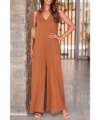 Jumpsuits for Women Casual Summer 2024 Sleeveless V Neck Baggy Wide Leg Romper One Piece Outfit Caramel $19.94 Jumpsuits