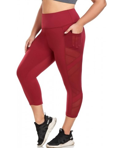 Women's Plus Size Leggings High Waisted Yoga Pants with Pockets Mesh Workout Leggings Tummy Control Running Wine Red $13.80 L...