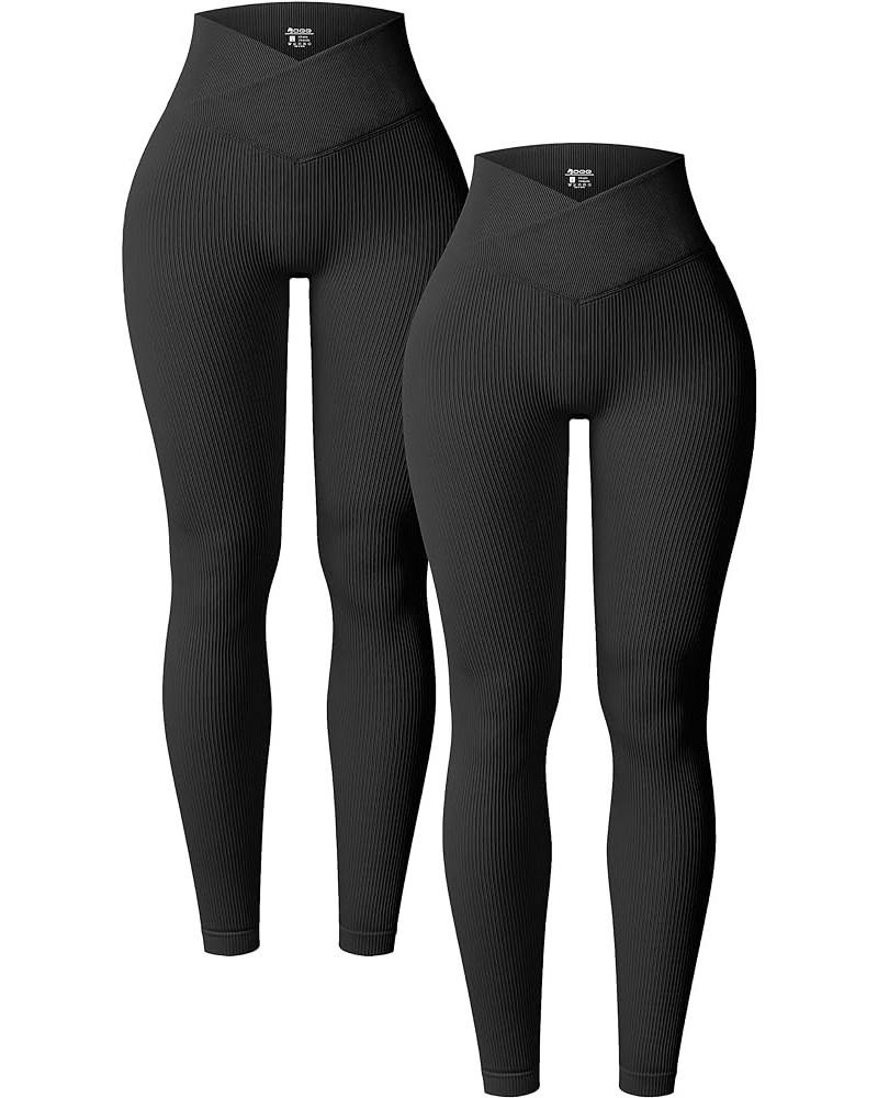 Women's 2 Piece Yoga Leggings Ribbed Seamless Workout High Waist Cross Over Athletic Exercise Leggings Black,black $19.20 Act...