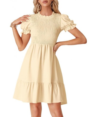Women's Casual Smocked Puff Short Sleeve Ruffle Crew Neck Flowy Summer Short Mini Dress Beige $26.21 Dresses