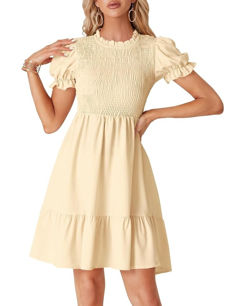 Women's Casual Smocked Puff Short Sleeve Ruffle Crew Neck Flowy Summer Short Mini Dress Beige $26.21 Dresses